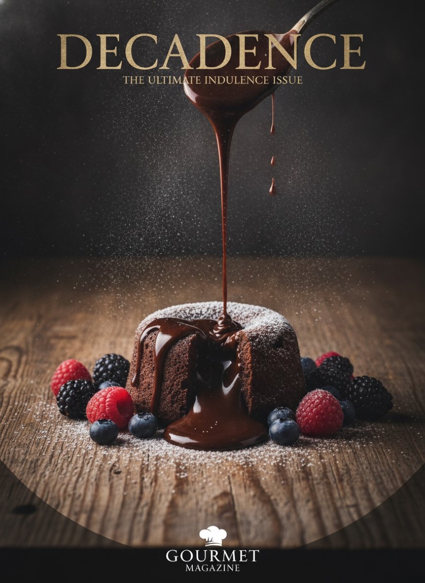 Magazine-cover food photo of a chocolate lava cake with sauce pour and scattered berries