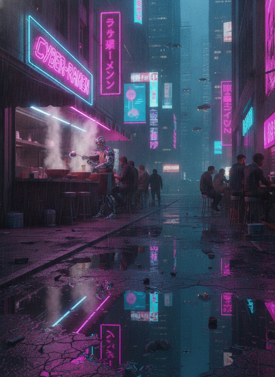 Cyberpunk street ramen shop at night, neon signs reflected in puddles, cyborg chef, Blade Runner atmosphere
