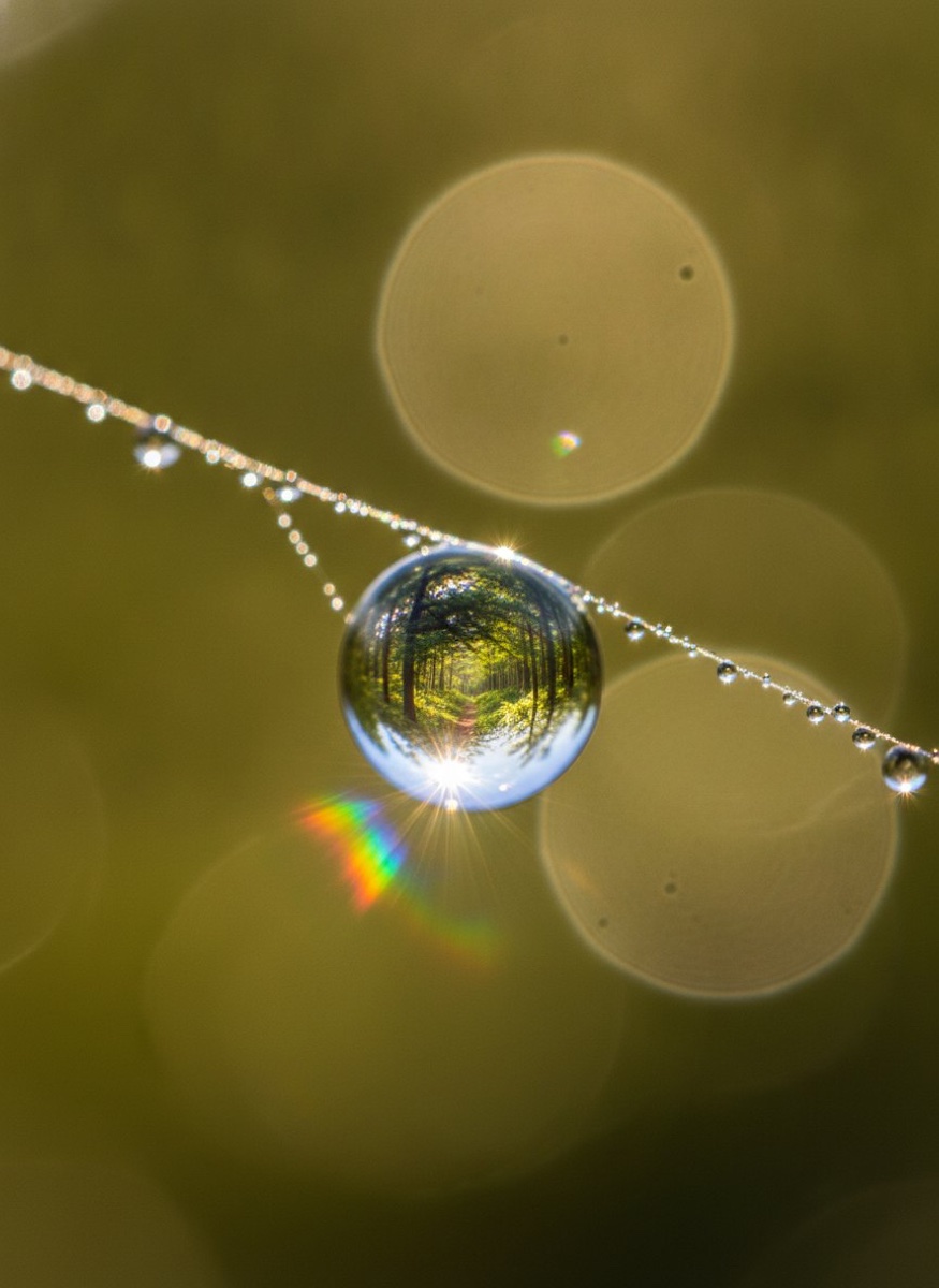 Macro photo of a dewdrop on a spiderweb reflecting a forest with rainbow refraction