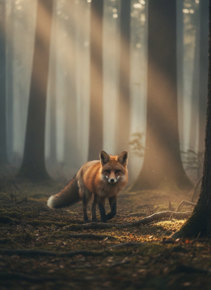 Red fox in a foggy forest