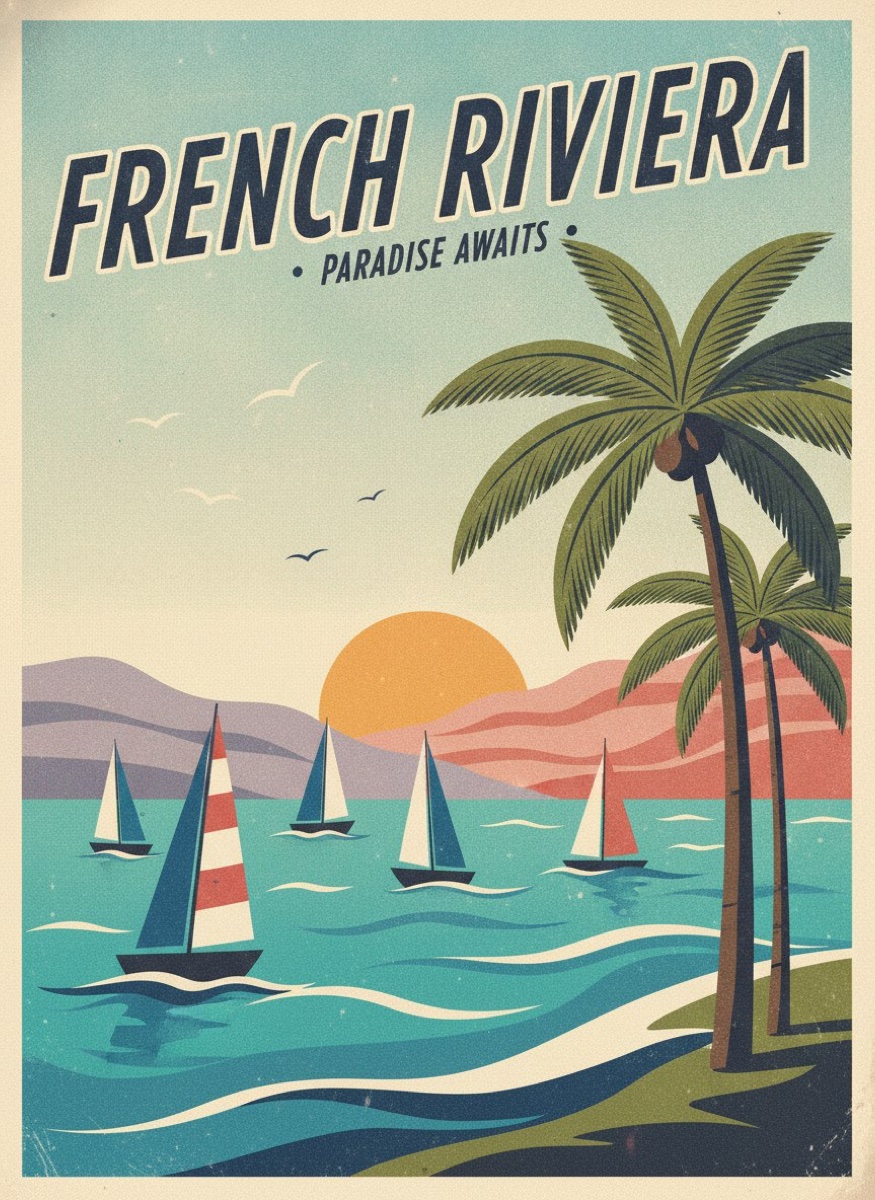 Vintage 1950s travel poster of the French Riviera with sailboats and palm trees, mid-century style