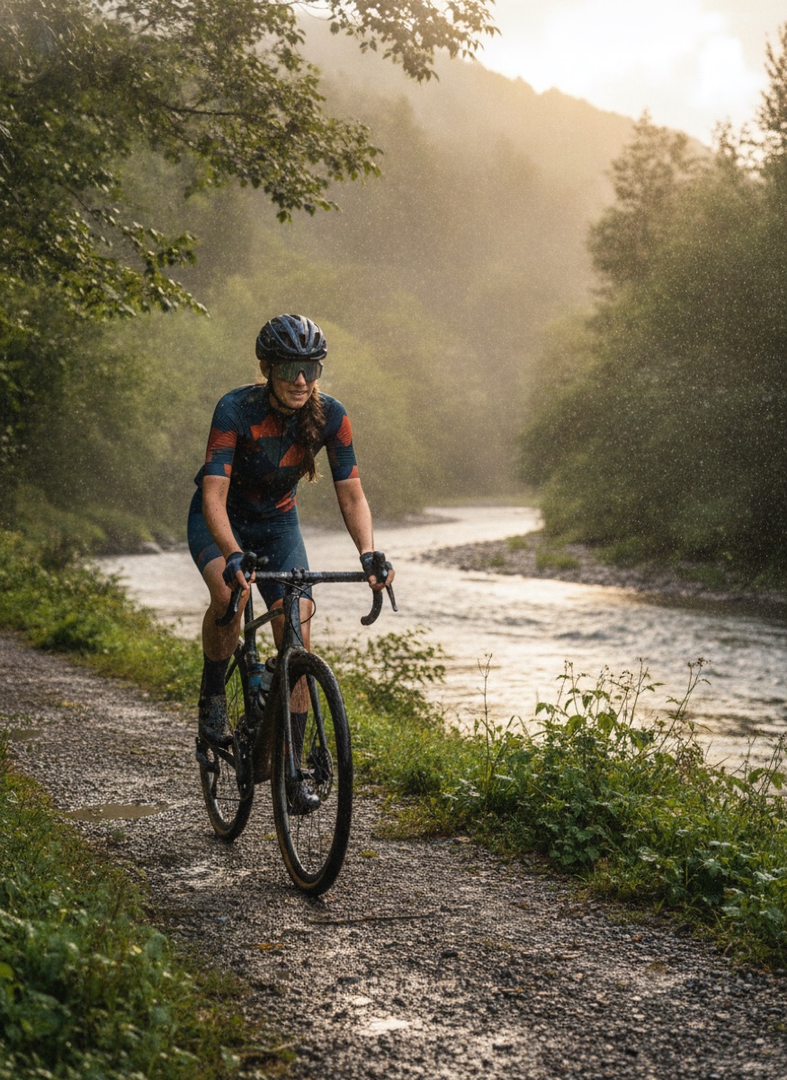 Woman riding a gravel bike in the rain at golden hour