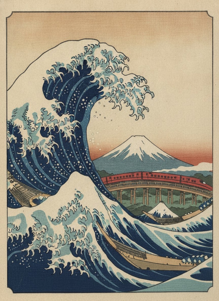 Ukiyo-e woodblock print: Hokusai's great wave with Mount Fuji and a red bullet train on a bridge