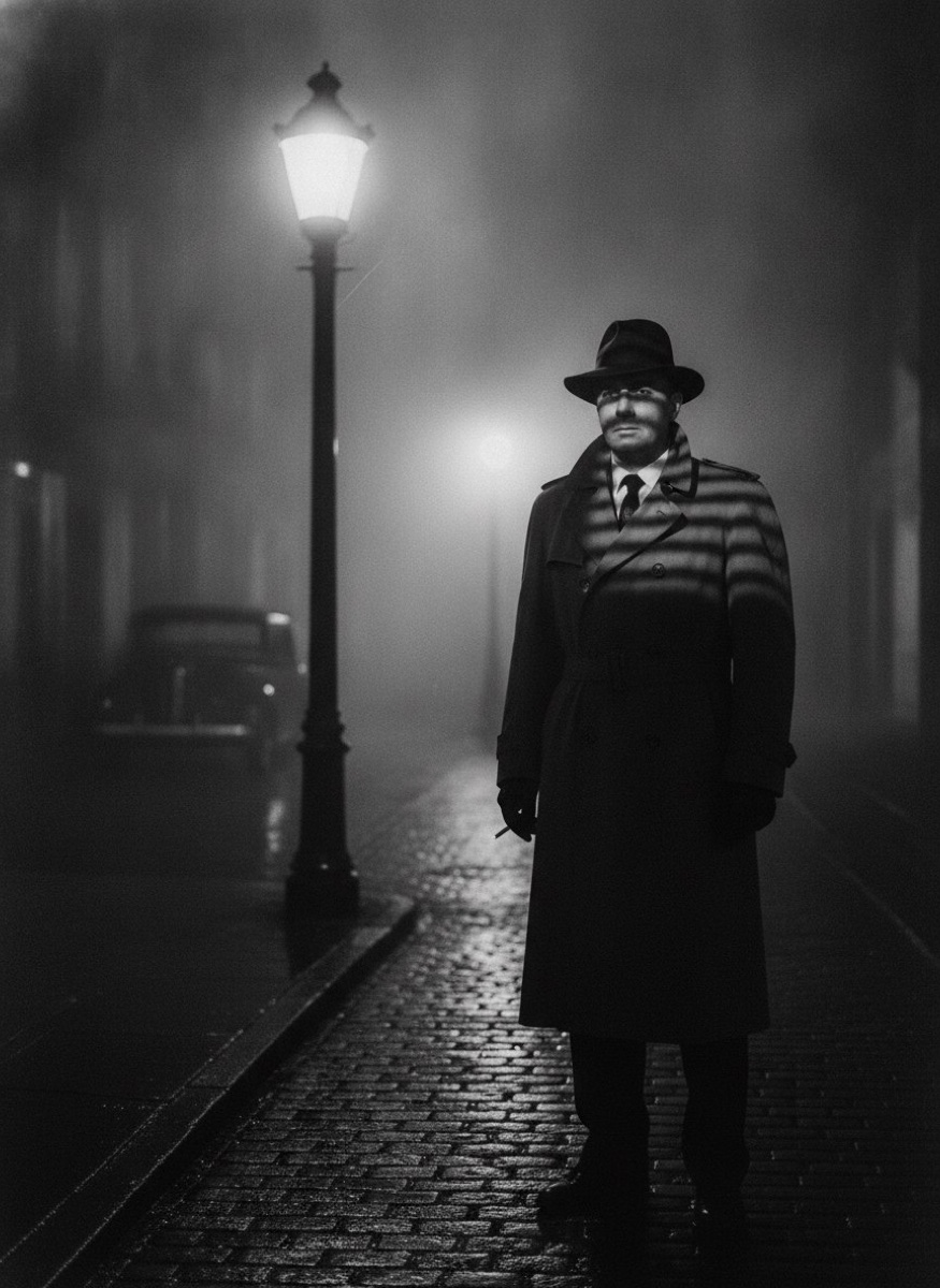 Film noir black-and-white photo of a detective in a fedora under a streetlamp in fog, 1940s