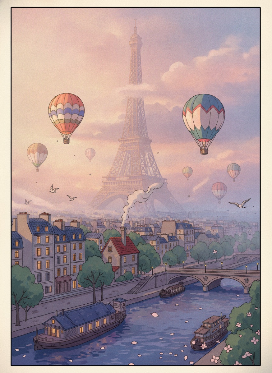 Sleepy Paris in fog with Eiffel Tower and hot-air balloons, Studio Ghibli anime style