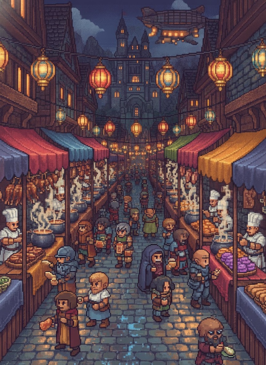 16-bit pixel art night market street in a fantasy town with glowing lanterns and food stalls