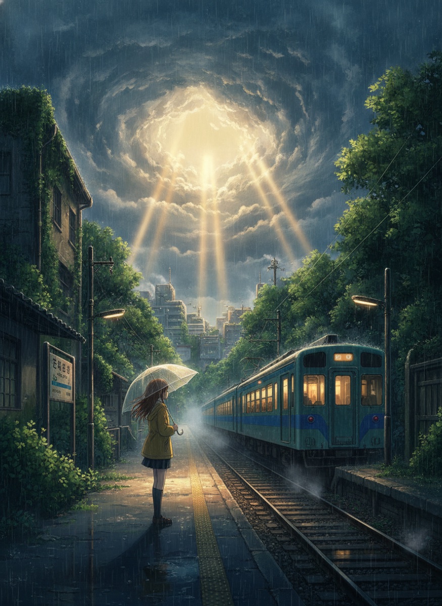 Anime girl with umbrella on a train platform in the rain, Makoto Shinkai style