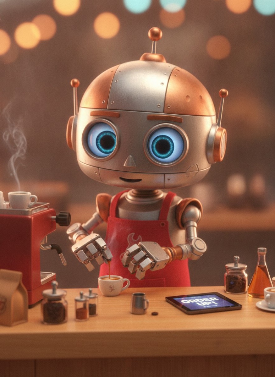 Cute 3D robot barista making coffee, Pixar-style render