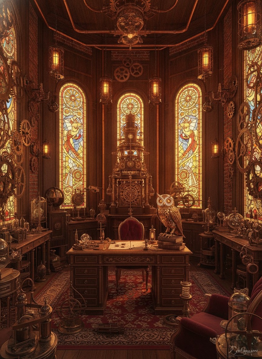 Steampunk inventor's workshop with brass gears, mechanical owl, and stained glass windows