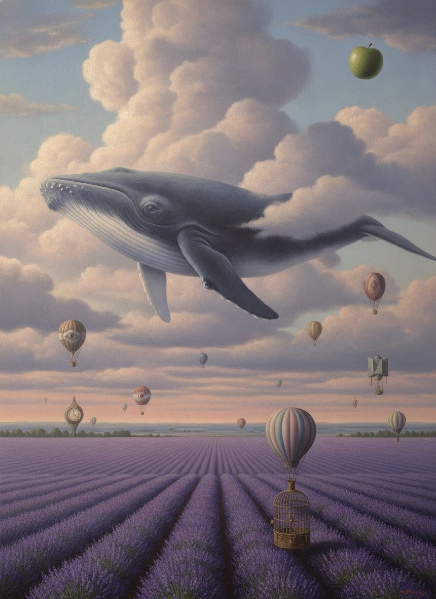 Surreal whale floating through clouds above a lavender field with hot-air balloons, Magritte style